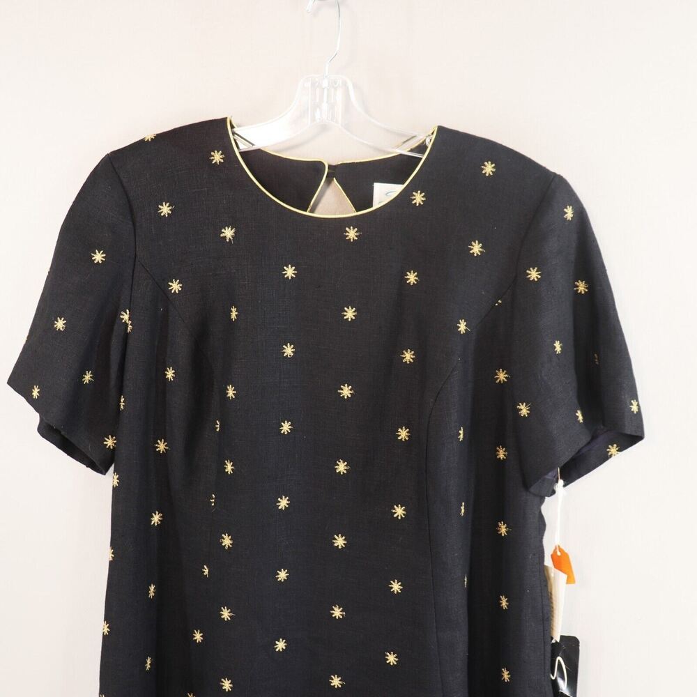 Santa Fe Dress Women Plus 18 Black Linen Gold Star Trim Short Sleeve Keyhole - Picture 2 of 12